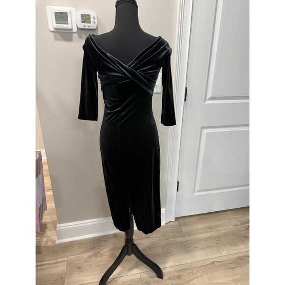 Zara Velvet Dark Green Off Shoulder Dress Midi Body Con - Size XS - Picture 3 of 8